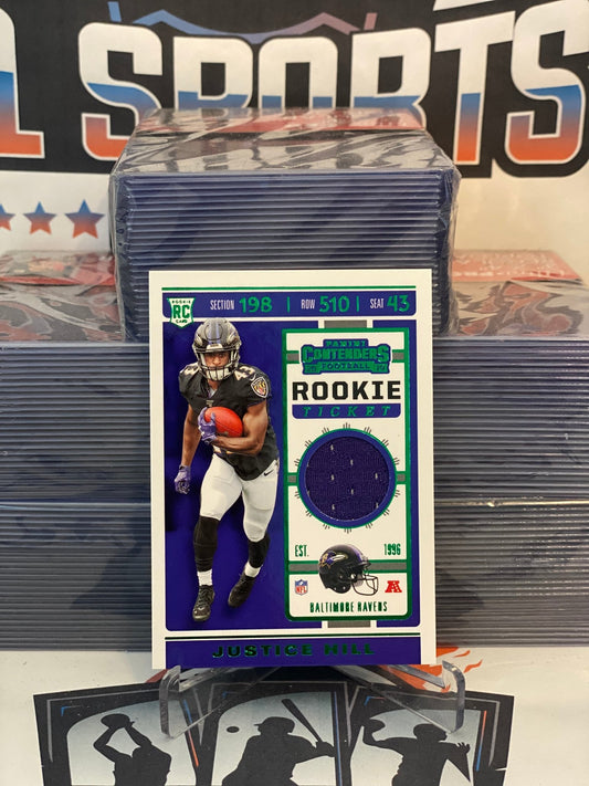 2019 Panini Contenders (Green, Rookie Ticket Relic) Justice Hill #RTSV-29