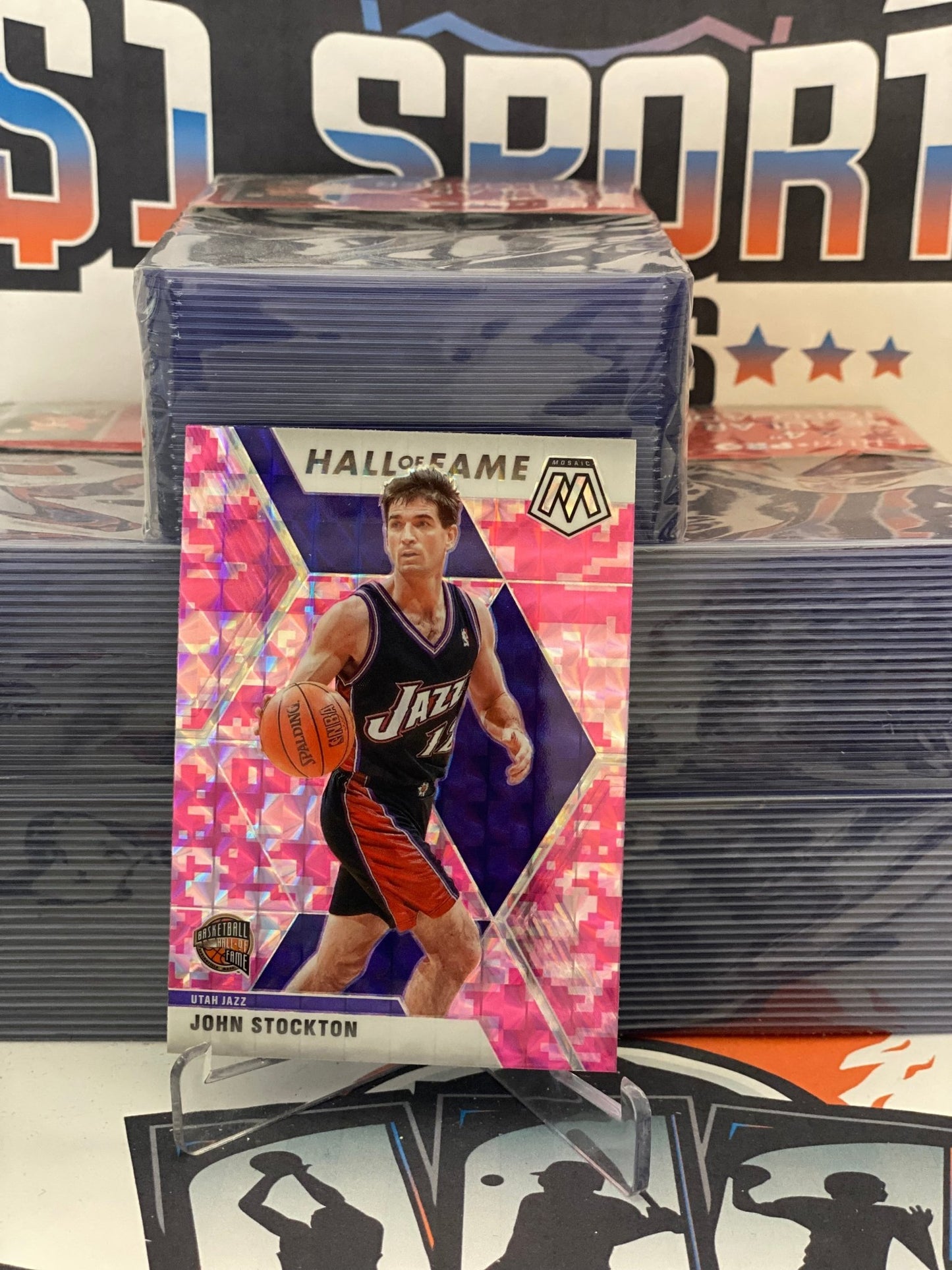 2019 Panini Mosaic (Pink Camo Prizm, Hall of Fame) John Stockton #293