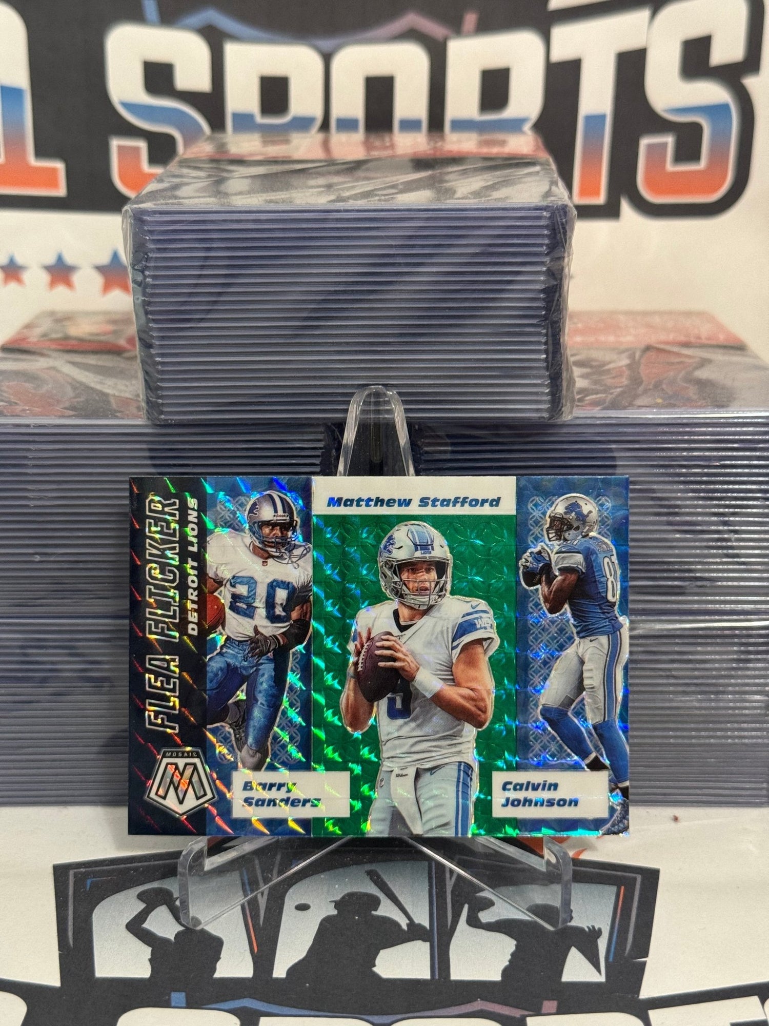 2020 Panini Mosaic (Green Prizm, Flea Flicker) Barry Sanders, Matthew Stafford, Calvin Johnson #FF7