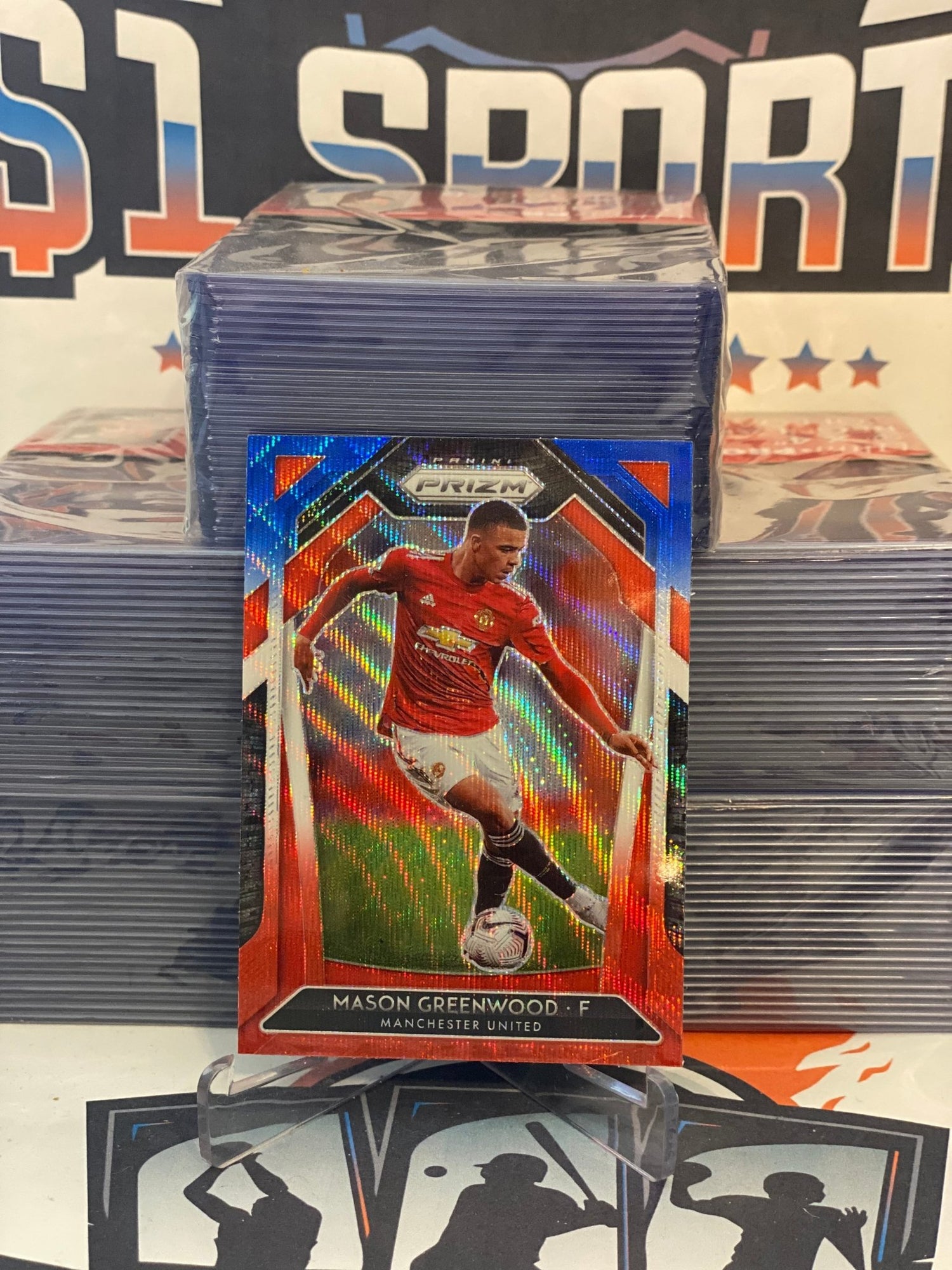 2020 Panini Prizm Premier League (Red White Blue Prizm) Mason Greenwood #15