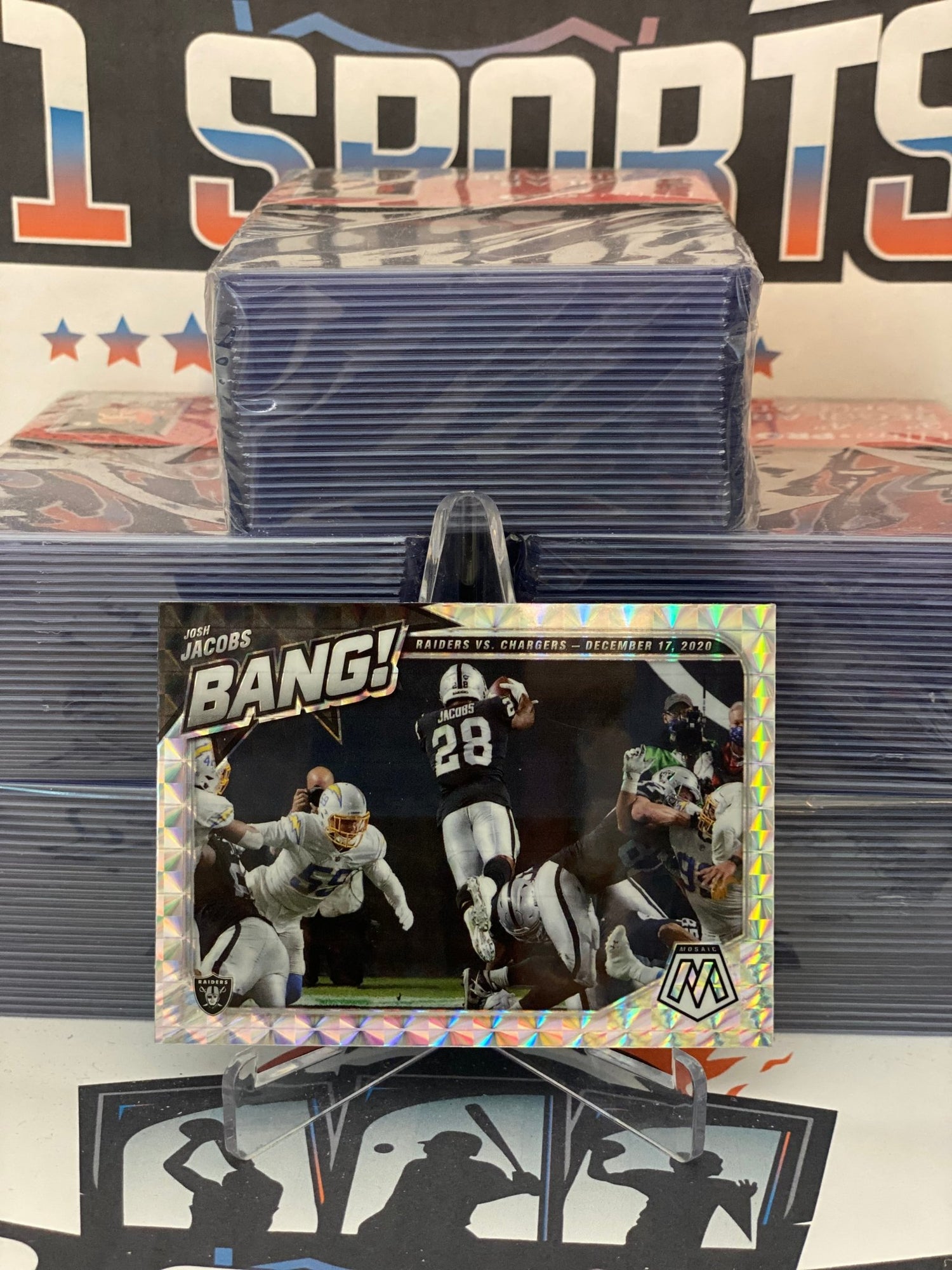 2021 Panini Mosaic (Mosaic Prizm, Bang!) Josh Jacobs #B-10