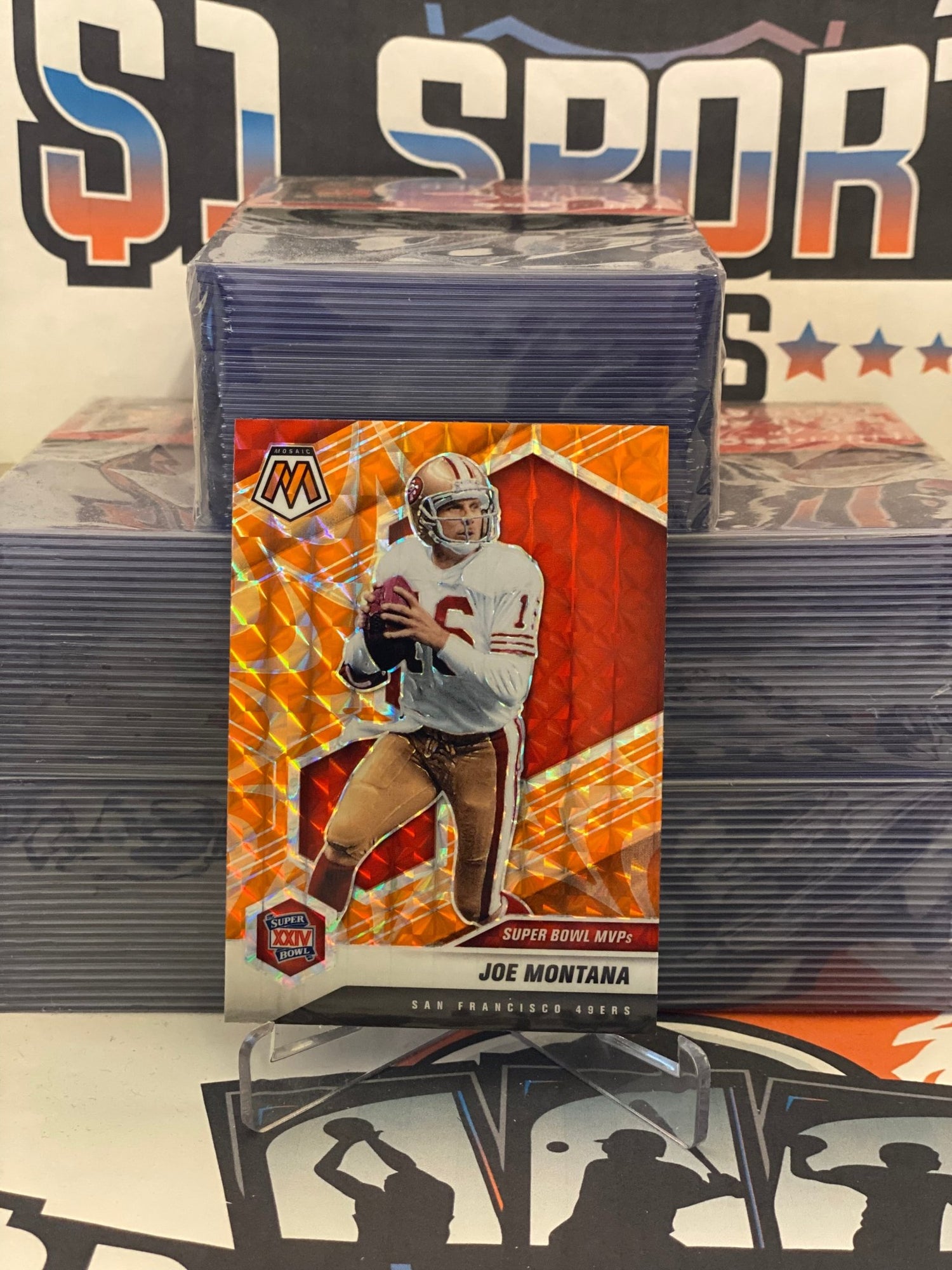 2021 Panini Mosaic (Orange Reactive Prizm, Super Bowl MVPs) Joe Montana #293