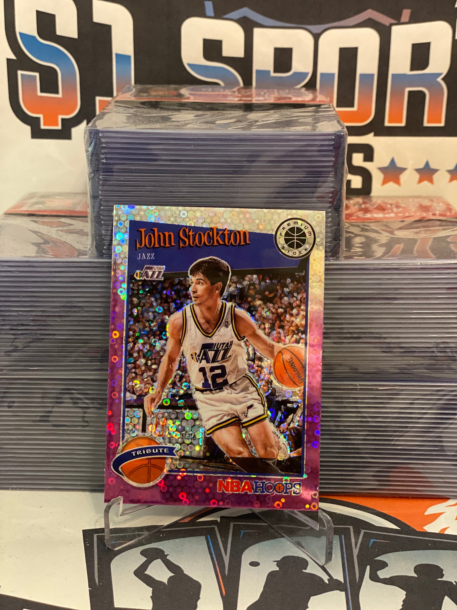 2019 Hoops Premium Stock (Purple Disco Prizm, Tribute) John Stockton #292