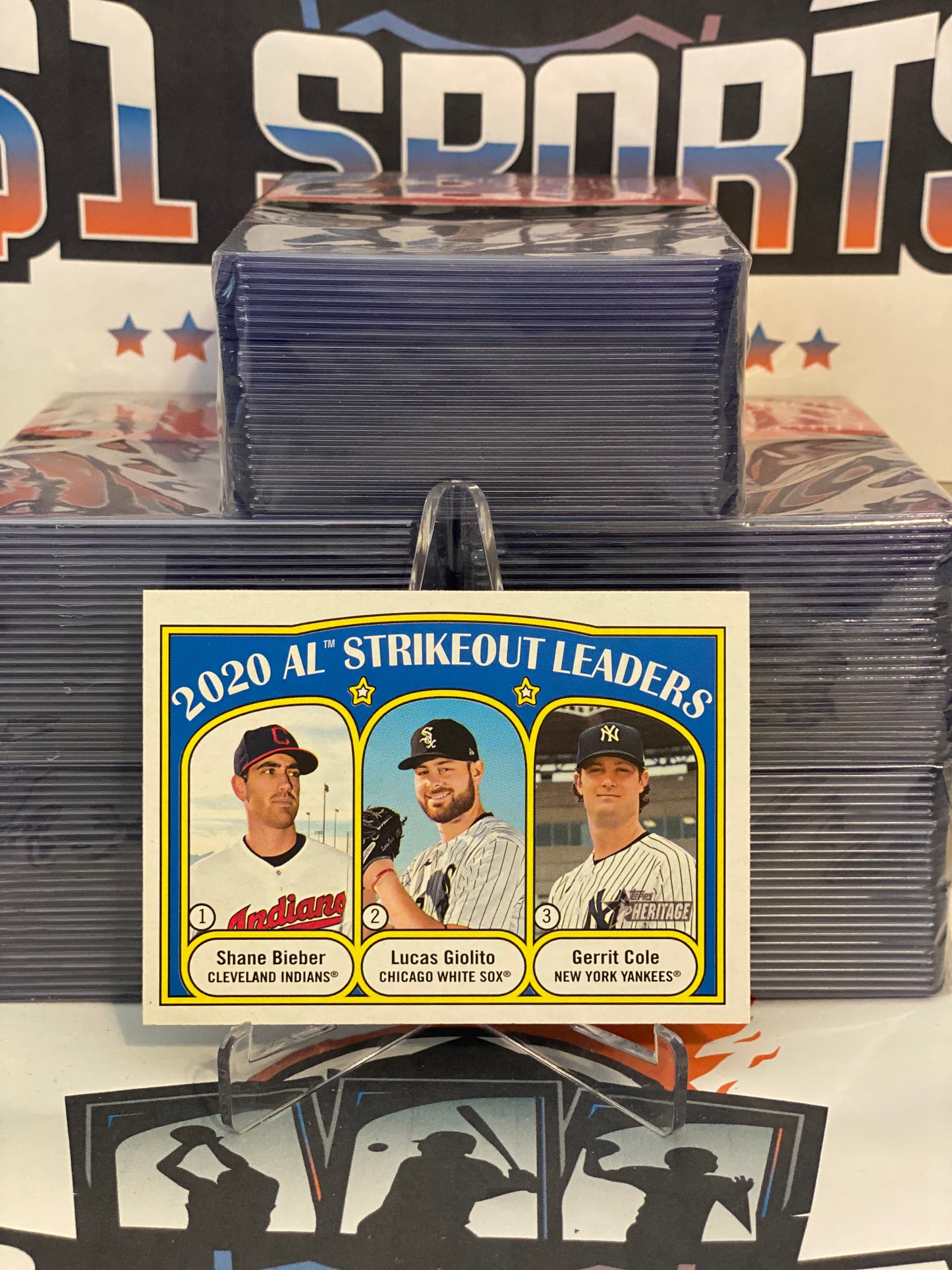 2021 Topps Heritage (2020 Strikeout Leaders) Shane Bieber, Lucas Giolito & Gerrit Cole #96